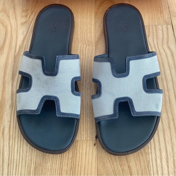 Hermes Izmir Leather Canvas H Sandal Blue Grey - Picture 2 of 9